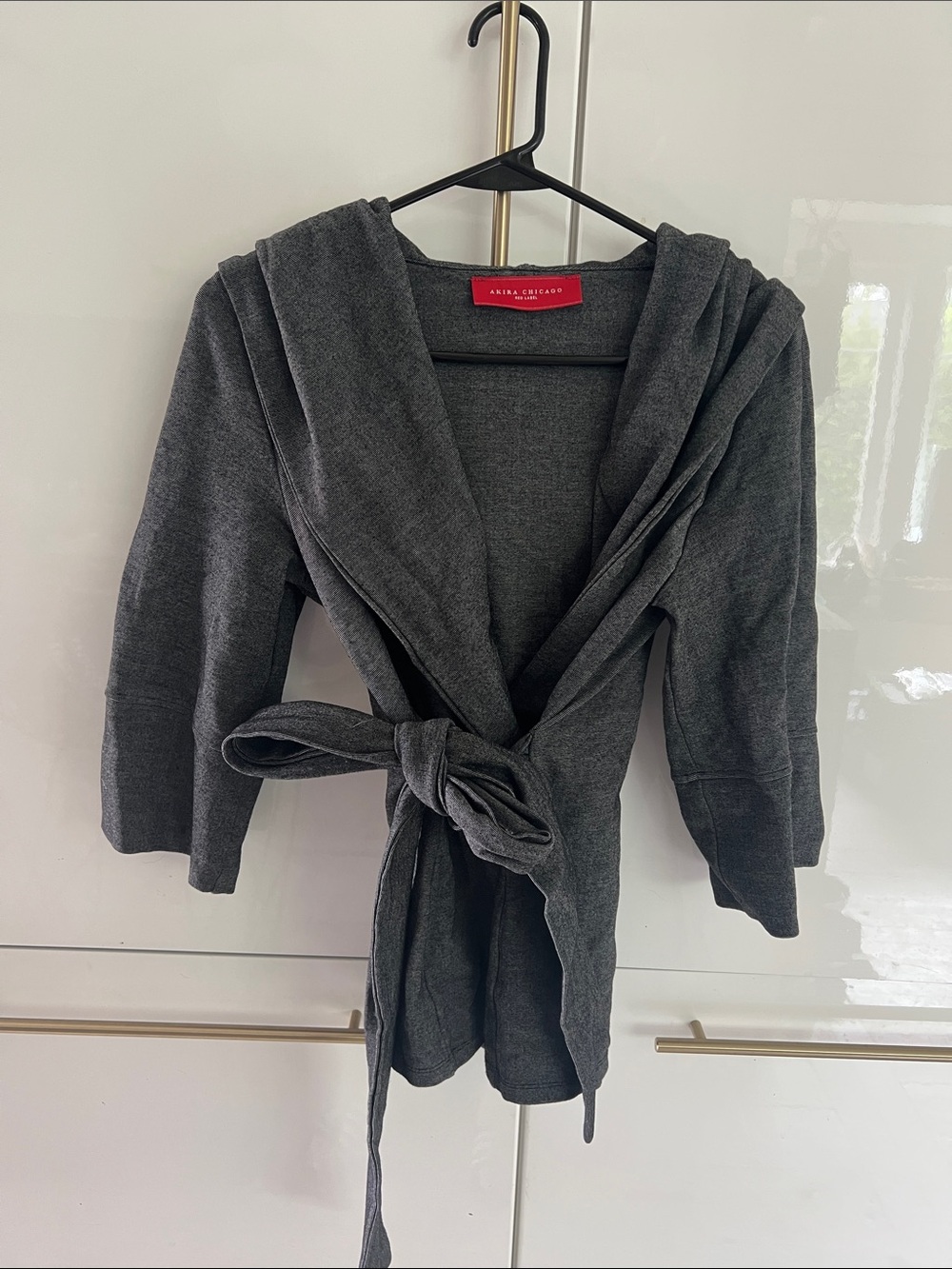 Akris Punto Dark Charcoal Hooded Wrap Cardigan with Tie Belt